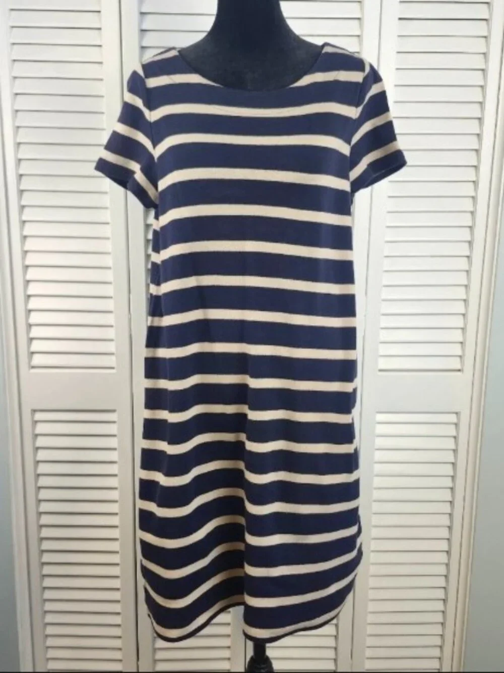 Talbots Shirt Dress Navy Blue Cream size MP Nautical Preppy Y2K